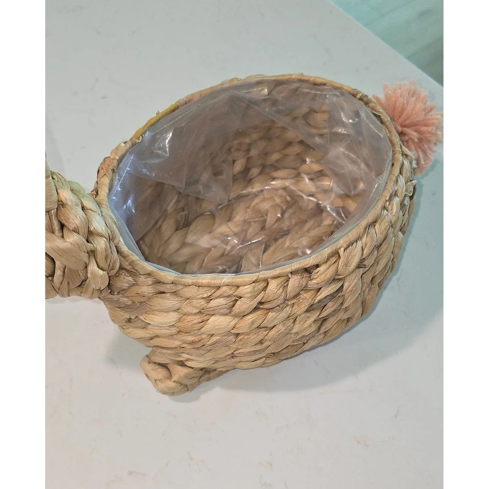 Woven Seagrass Bunny Basket Easter Rabbit Planter with Pink Pom Tail & Liner